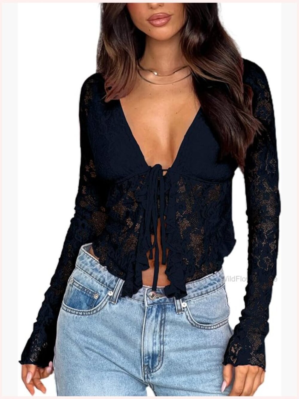 Open Front Tie Long Sleeve Ruffle Trim Sheer Mesh Lace Crop Top Blouse